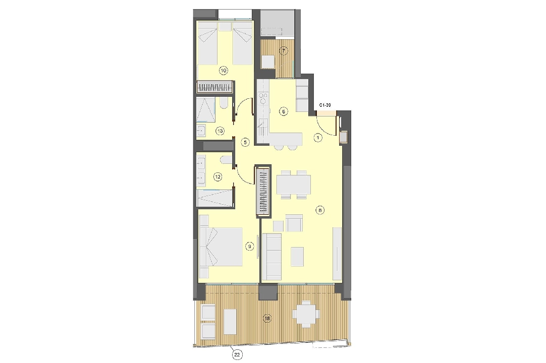 Etagen Apartment in Benidorm te koop, woonoppervlakte 101 m², Staat Eerste bewoning, Airconditioning, 2 slapkamer, 2 badkamer, Zwembad, ref.: HA-BEN-113-A02-16