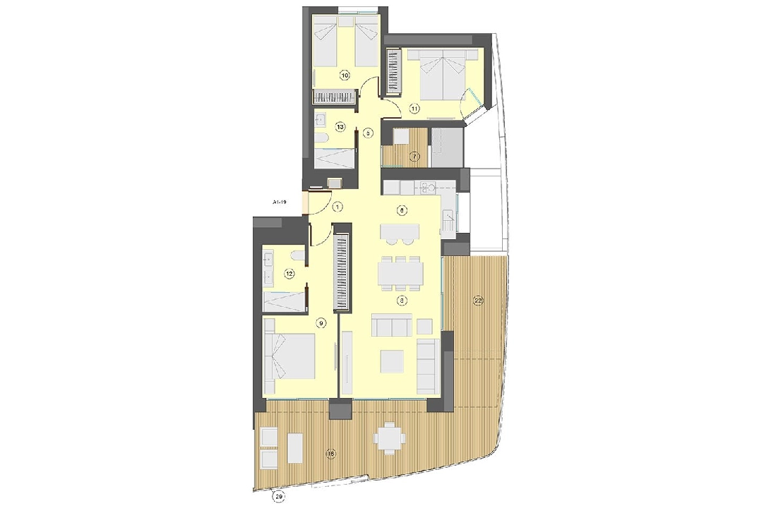 Etagen Apartment in Benidorm te koop, woonoppervlakte 130 m², Staat Eerste bewoning, Airconditioning, 3 slapkamer, 2 badkamer, Zwembad, ref.: HA-BEN-113-A03-16